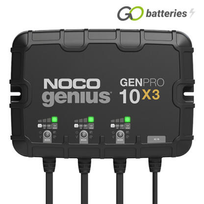 Noco Genius GENPRO 10x3 12 volt 10 amp 3-Bank On-Board battery charger and maintainer. 100% waterproof rated to IP68, has a black case with 3 banks of LED modes and charge status on the front, three sets of robust cables and advanced diagnostics.