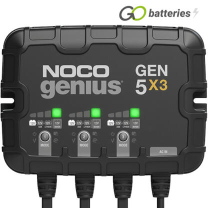 Noco Genius GEN 5x3 12 volt 5 amp 3-Bank On-Board battery charger and maintainer. 100% waterproof rated to IP68, has a black case with 3 banks of LED modes and charge status on the front, 3 sets of robust cables and advanced diagnostics.