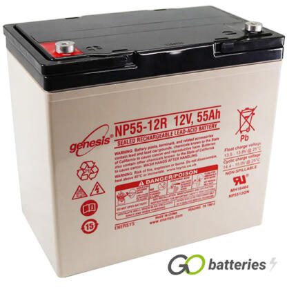 Genesis NP55-12 12 volt 55 amp AGM VRLA battery. Grey case with a black top and the terminals are threaded screw in type and the positive terminal is on the left hand side with the terminals closest to you.