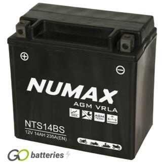 Numax NTS14BS Factory Sealed AGM Motorcycle Battery, 12 volt 14 amps, 235 cold cranking amps. Black case with the positive terminal on the left hand side with the terminals closest to you. Also known as YTX14-BS.